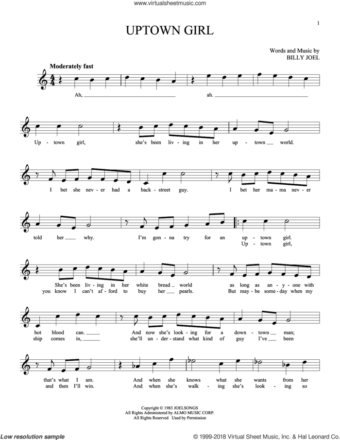 Uptown Girl sheet music for ocarina solo by Billy Joel, intermediate skill level