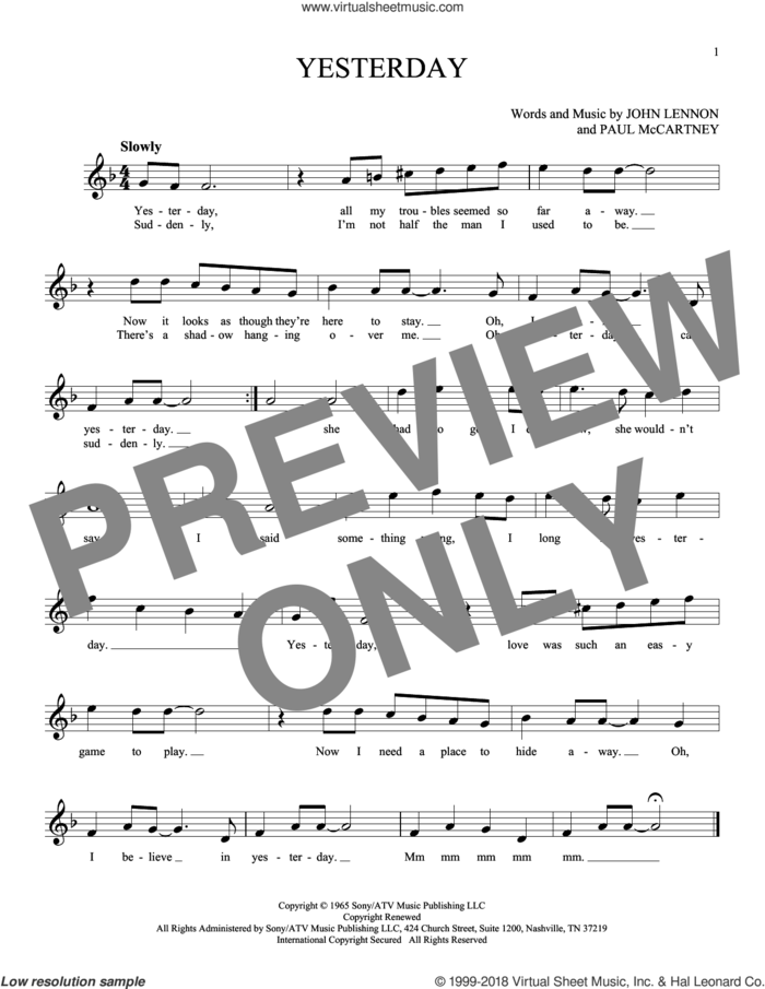 Yesterday sheet music for ocarina solo by The Beatles, John Lennon and Paul McCartney, intermediate skill level