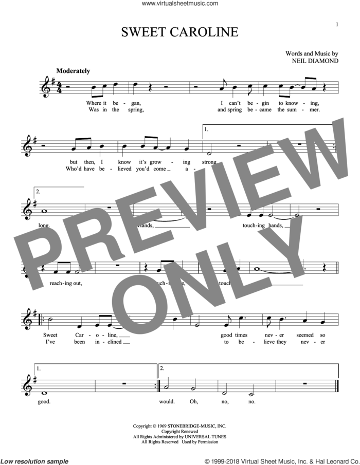 Sweet Caroline sheet music for ocarina solo by Neil Diamond, intermediate skill level
