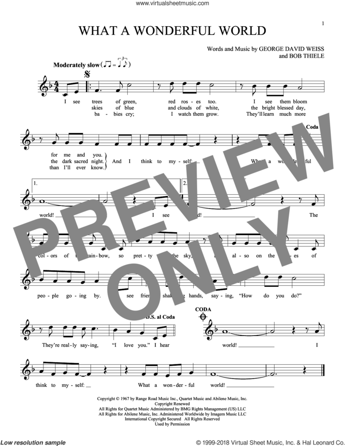What A Wonderful World sheet music for ocarina solo by Louis Armstrong, Bob Thiele and George David Weiss, intermediate skill level
