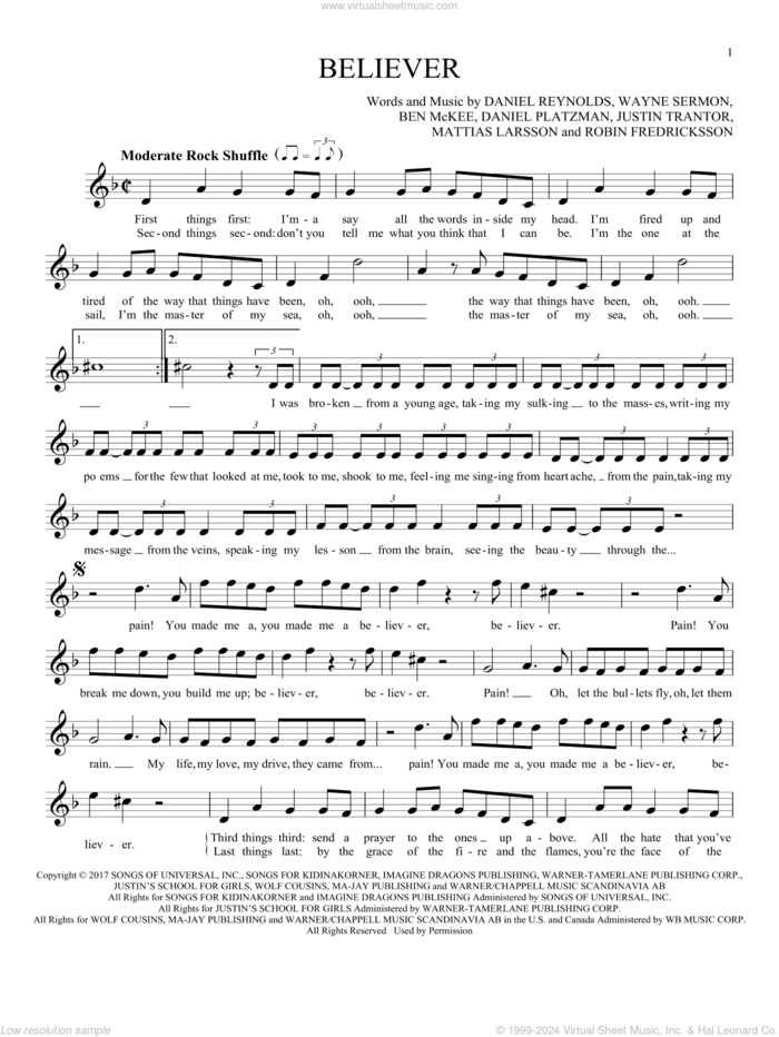 Believer sheet music for ocarina solo by Imagine Dragons, Ben McKee, Dan Reynolds, Daniel Platzman, Justin Tranter, Mattias Larsson, Robin Fredriksson and Wayne Sermon, intermediate skill level