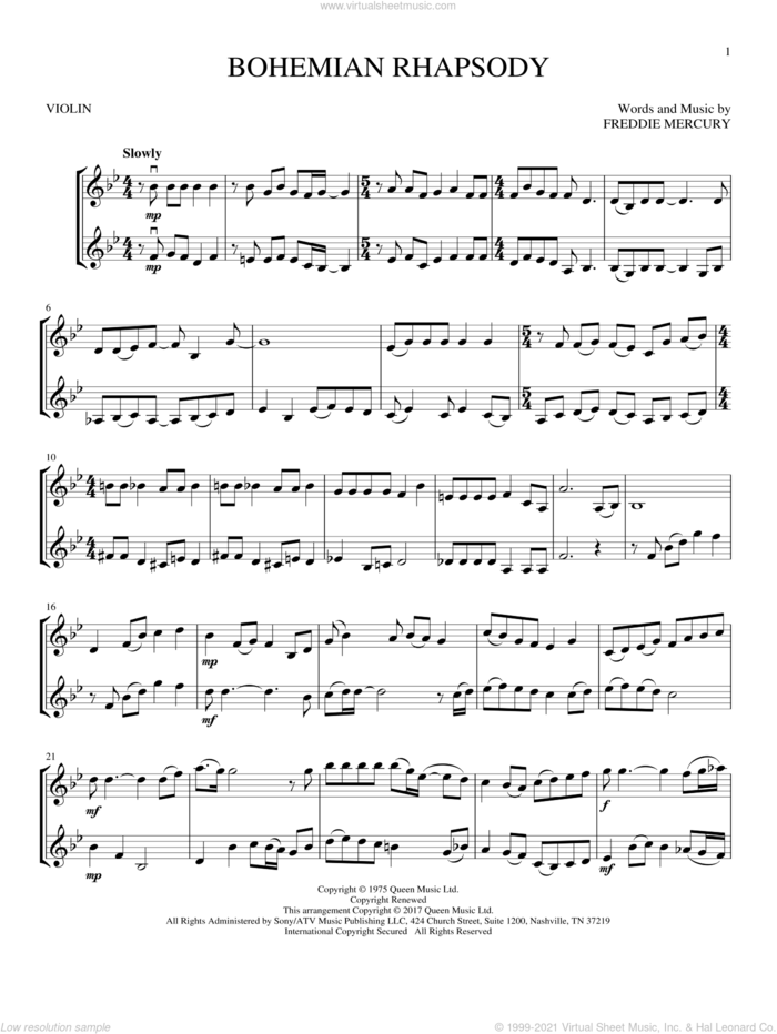 Bohemian Rhapsody sheet music for two violins (duets, violin duets) by Queen and Freddie Mercury, intermediate skill level