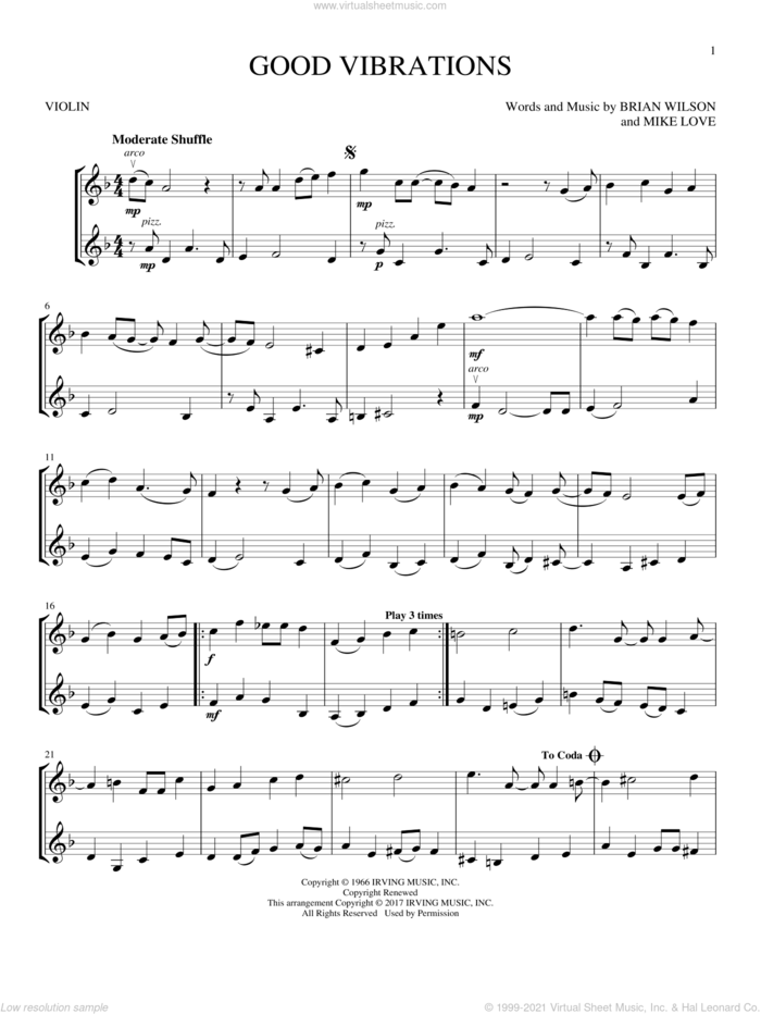 Good Vibrations sheet music for two violins (duets, violin duets) by The Beach Boys, Brian Wilson and Mike Love, intermediate skill level