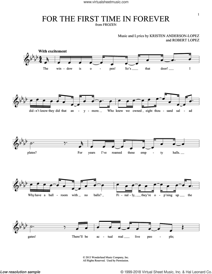For The First Time In Forever (from Frozen) sheet music for ocarina solo by Kristen Bell, Idina Menzel, Kristen Anderson-Lopez and Robert Lopez, intermediate skill level