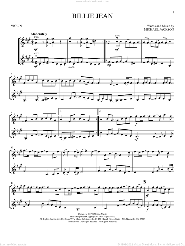 Billie Jean sheet music for two violins (duets, violin duets) by Michael Jackson and David Cook, intermediate skill level