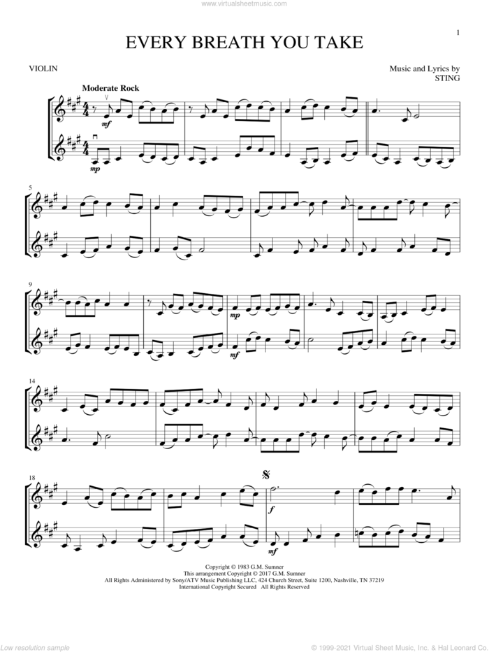 Every Breath You Take sheet music for two violins (duets, violin duets) by The Police and Sting, intermediate skill level