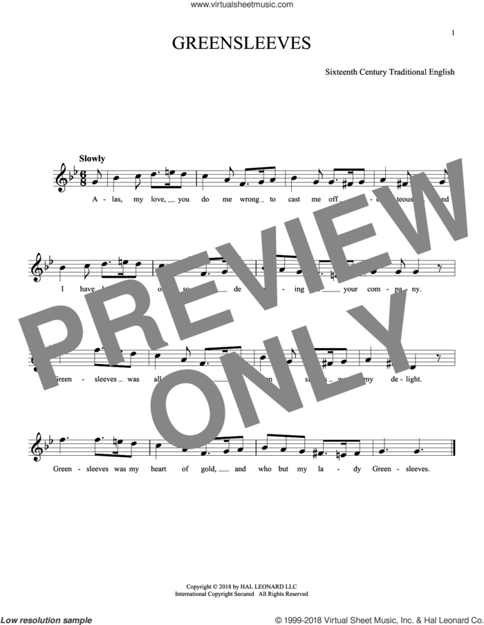 Greensleeves sheet music for ocarina solo, intermediate skill level