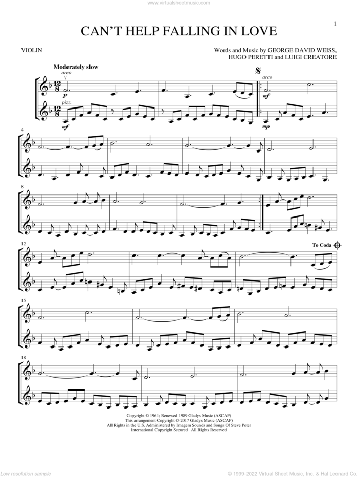 Can't Help Falling In Love sheet music for two violins (duets, violin duets) by Elvis Presley, George David Weiss, Hugo Peretti and Luigi Creatore, wedding score, intermediate skill level