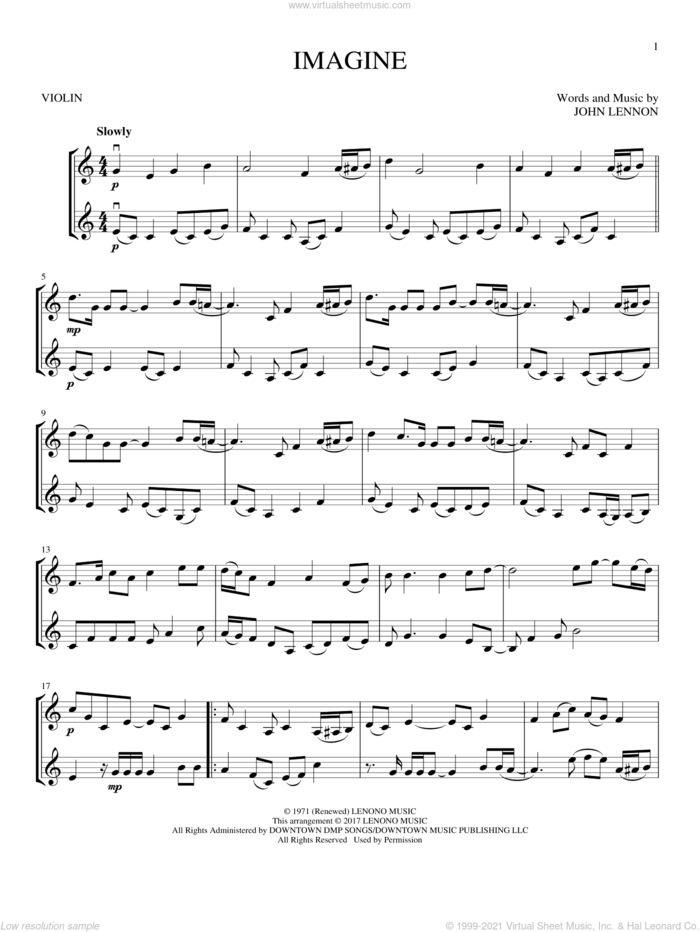 Imagine sheet music for two violins (duets, violin duets) by John Lennon, intermediate skill level