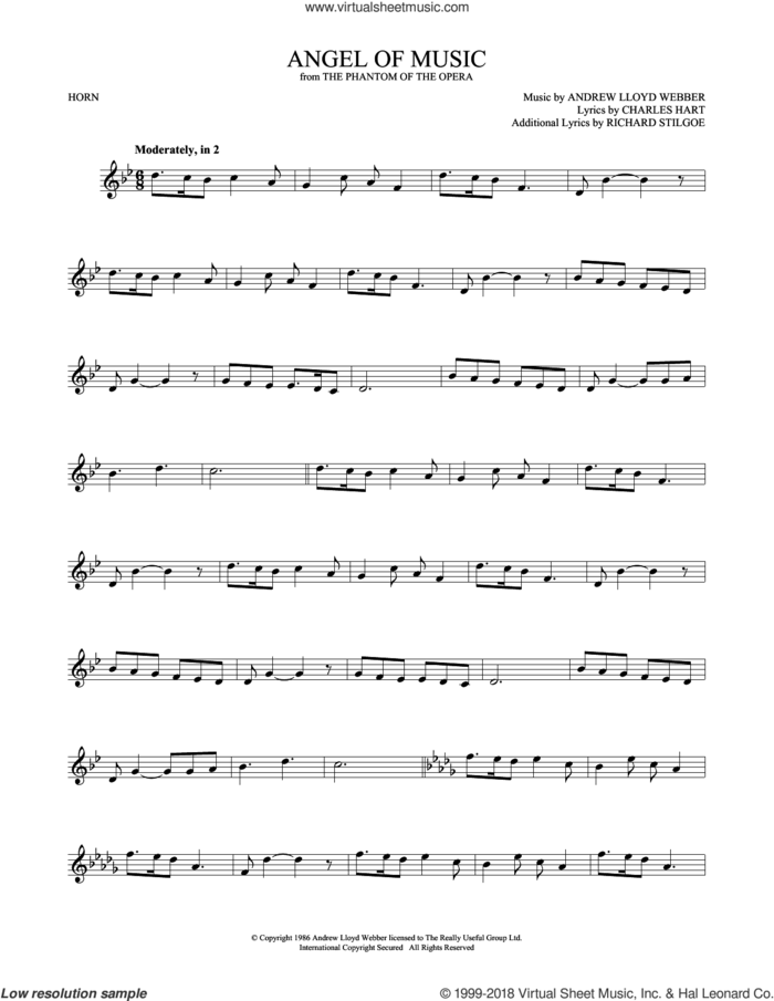 Angel Of Music (from The Phantom Of The Opera) sheet music for horn solo by Andrew Lloyd Webber, Charles Hart and Richard Stilgoe, intermediate skill level