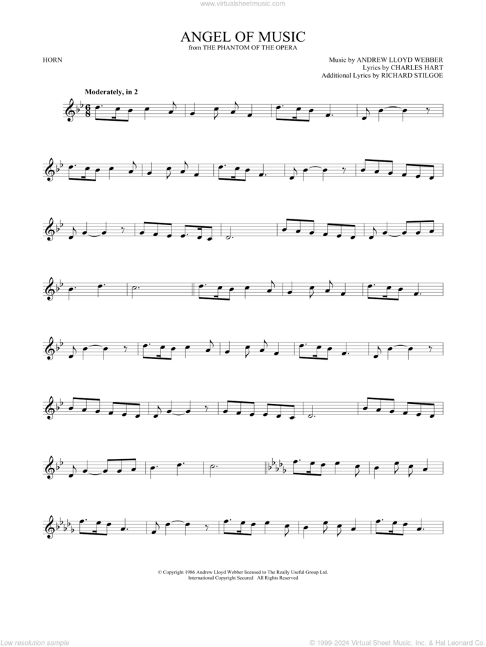 Angel Of Music (from The Phantom Of The Opera) sheet music for horn solo by Andrew Lloyd Webber, Charles Hart and Richard Stilgoe, intermediate skill level