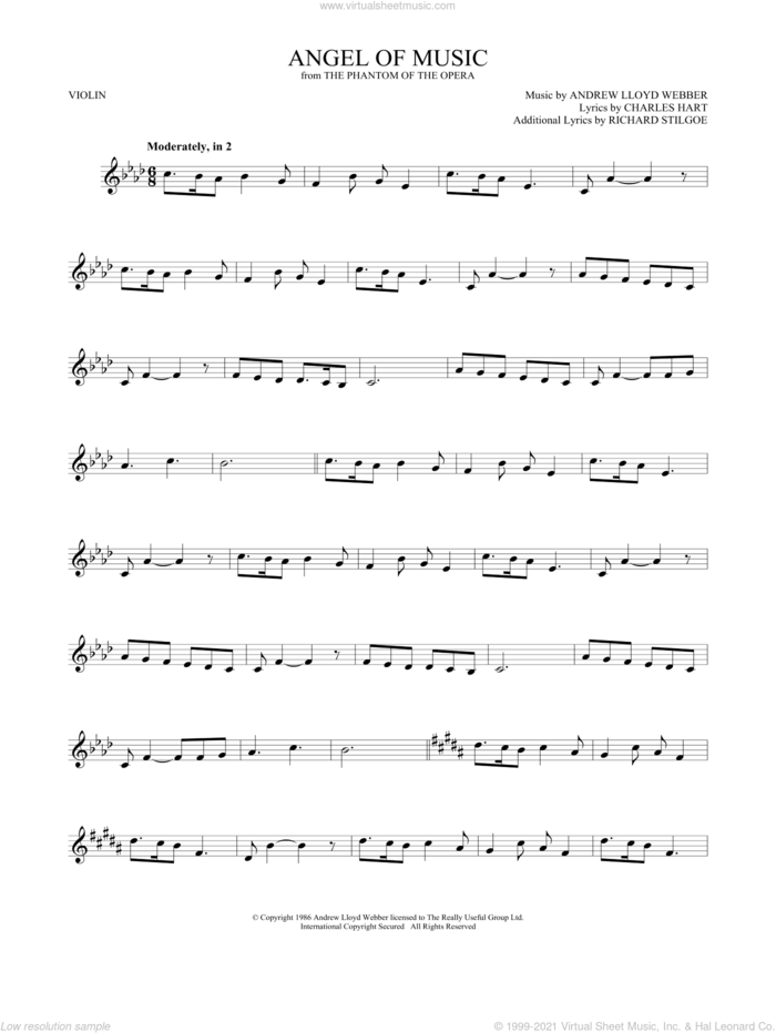 Angel Of Music (from The Phantom Of The Opera) sheet music for violin solo by Andrew Lloyd Webber, Charles Hart and Richard Stilgoe, intermediate skill level
