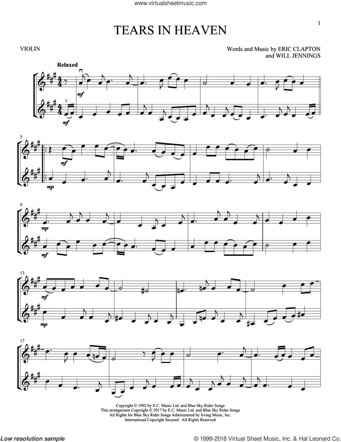 Tears In Heaven sheet music for two violins (duets, violin duets) by Eric Clapton and Will Jennings, intermediate skill level