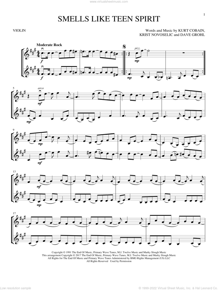 Smells Like Teen Spirit sheet music for two violins (duets, violin duets) by Nirvana, Dave Grohl, Krist Novoselic and Kurt Cobain, intermediate skill level