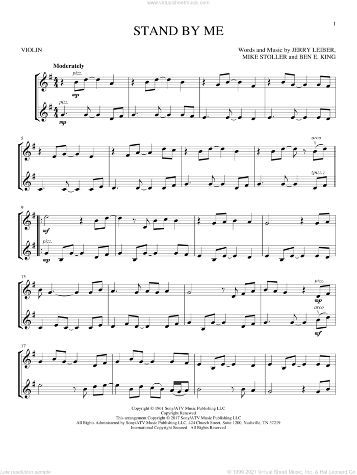 Stand By Me sheet music for two violins (duets, violin duets) by Ben E. King, Jerry Leiber and Mike Stoller, intermediate skill level