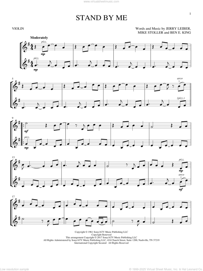 Stand By Me sheet music for two violins (duets, violin duets) by Ben E. King, Jerry Leiber and Mike Stoller, intermediate skill level