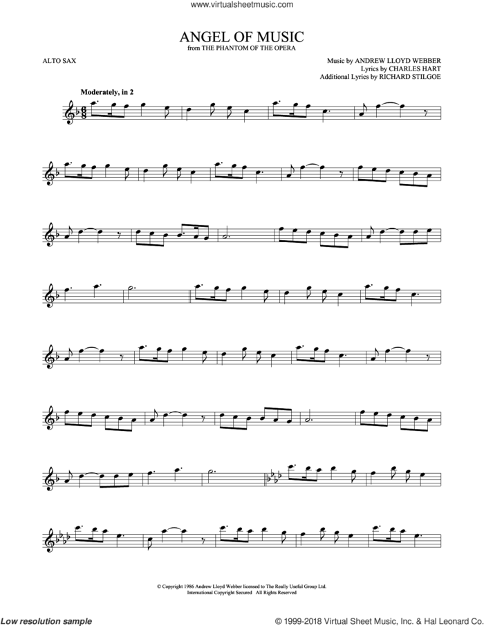 Angel Of Music (from The Phantom Of The Opera) sheet music for alto saxophone solo by Andrew Lloyd Webber, Charles Hart and Richard Stilgoe, intermediate skill level