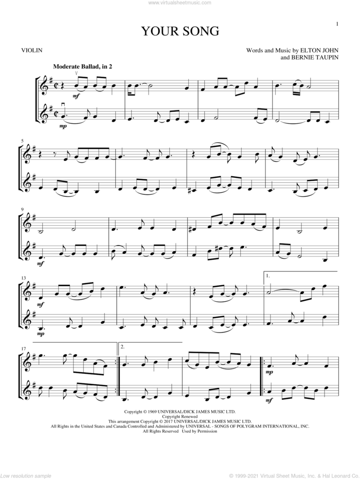 Your Song sheet music for two violins (duets, violin duets) by Elton John and Bernie Taupin, intermediate skill level