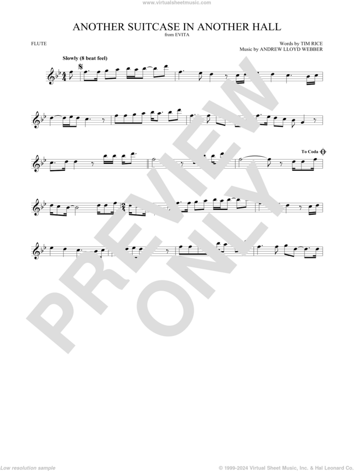 Another Suitcase In Another Hall (from Evita) sheet music for flute solo by Andrew Lloyd Webber and Tim Rice, intermediate skill level