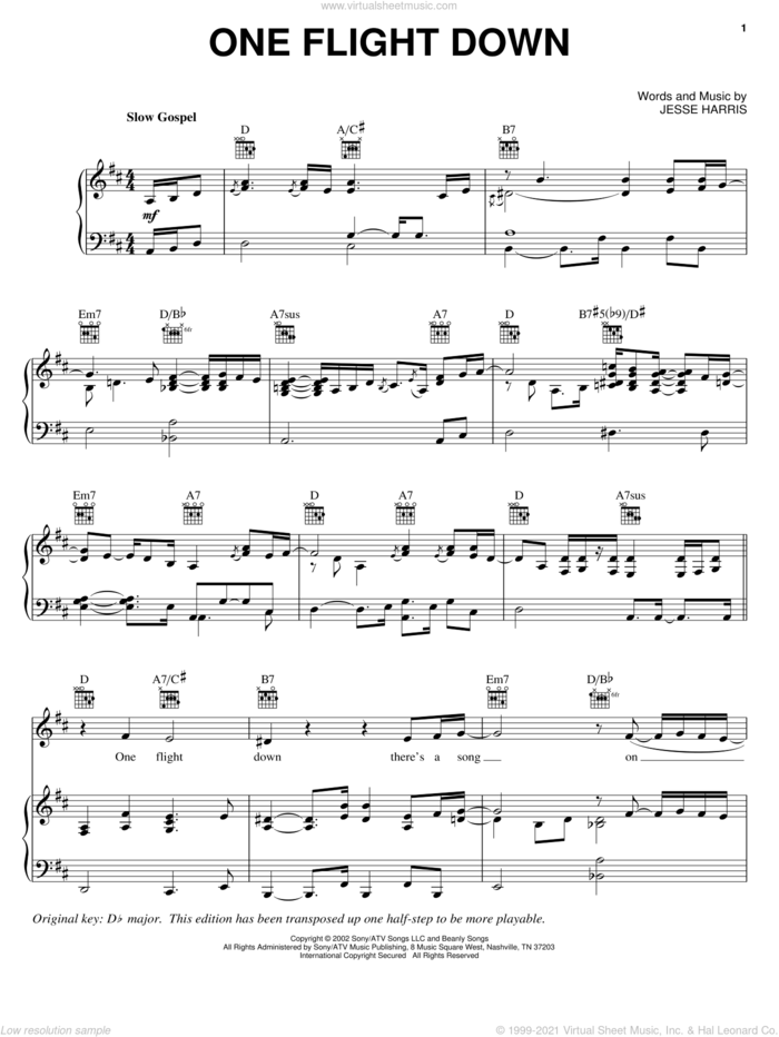 One Flight Down sheet music for voice, piano or guitar by Norah Jones and Jesse Harris, intermediate skill level