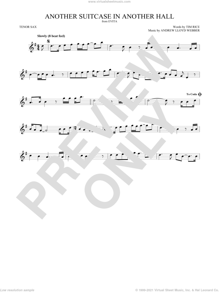 Another Suitcase In Another Hall (from Evita) sheet music for tenor saxophone solo by Andrew Lloyd Webber and Tim Rice, intermediate skill level
