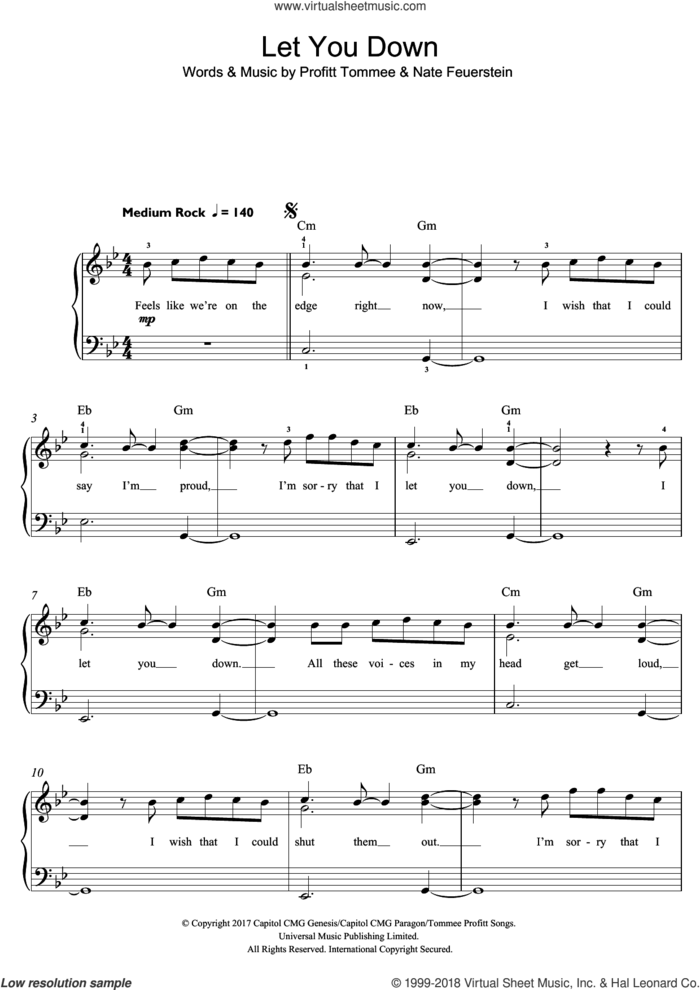 Let You Down sheet music for piano solo (beginners) by NF, Nate Feuerstein and Profitt Tommee, beginner piano (beginners)