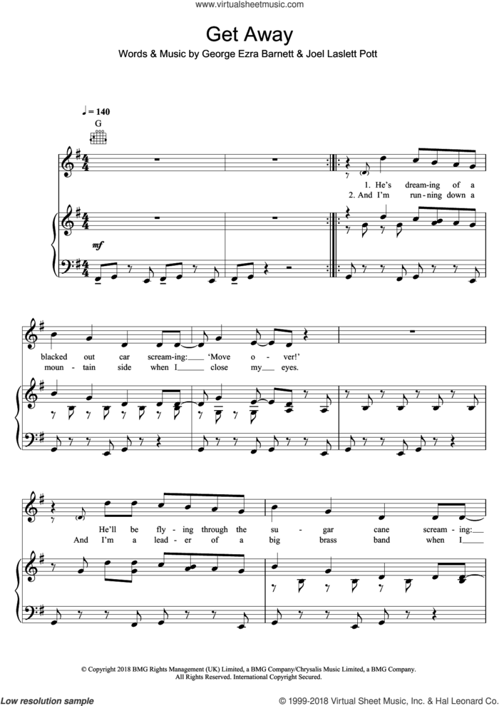 Get Away sheet music for voice, piano or guitar by George Ezra, George Ezra Barnett and Joel Laslett Pott, intermediate skill level
