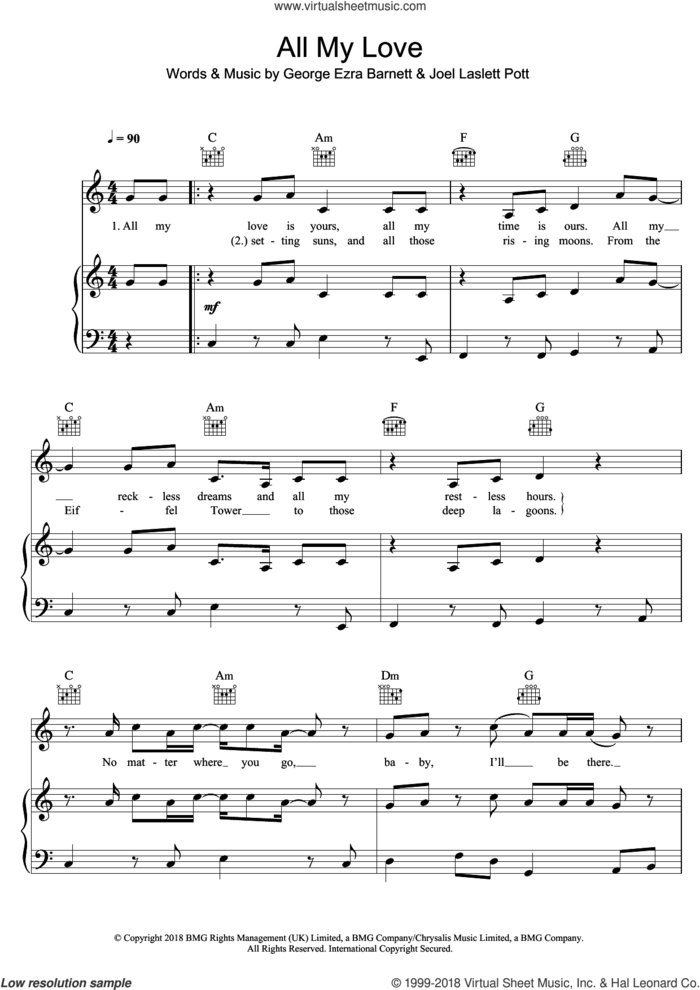 All My Love sheet music for voice, piano or guitar by George Ezra, George Ezra Barnett and Joel Laslett Pott, intermediate skill level