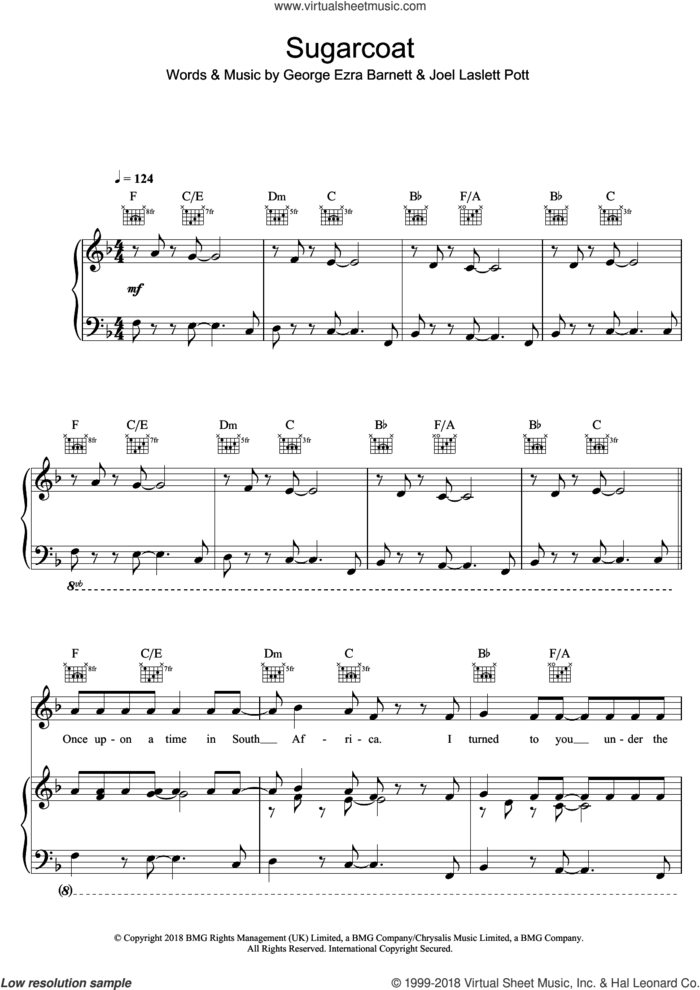 Sugarcoat sheet music for voice, piano or guitar by George Ezra, George Ezra Barnett and Joel Laslett Pott, intermediate skill level