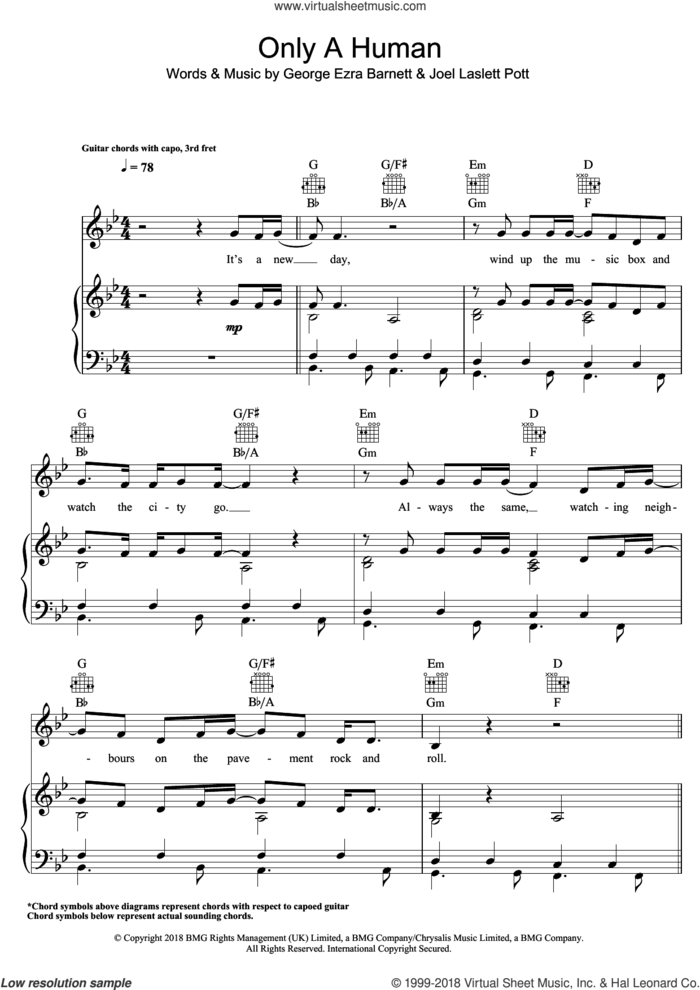 Only A Human sheet music for voice, piano or guitar by George Ezra, George Ezra Barnett and Joel Laslett Pott, intermediate skill level