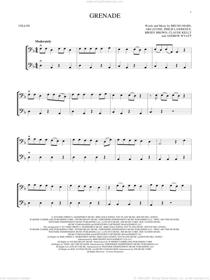 Grenade sheet music for two cellos (duet, duets) by Bruno Mars, Andrew Wyatt, Ari Levine, Brody Brown, Claude Kelly and Philip Lawrence, intermediate skill level