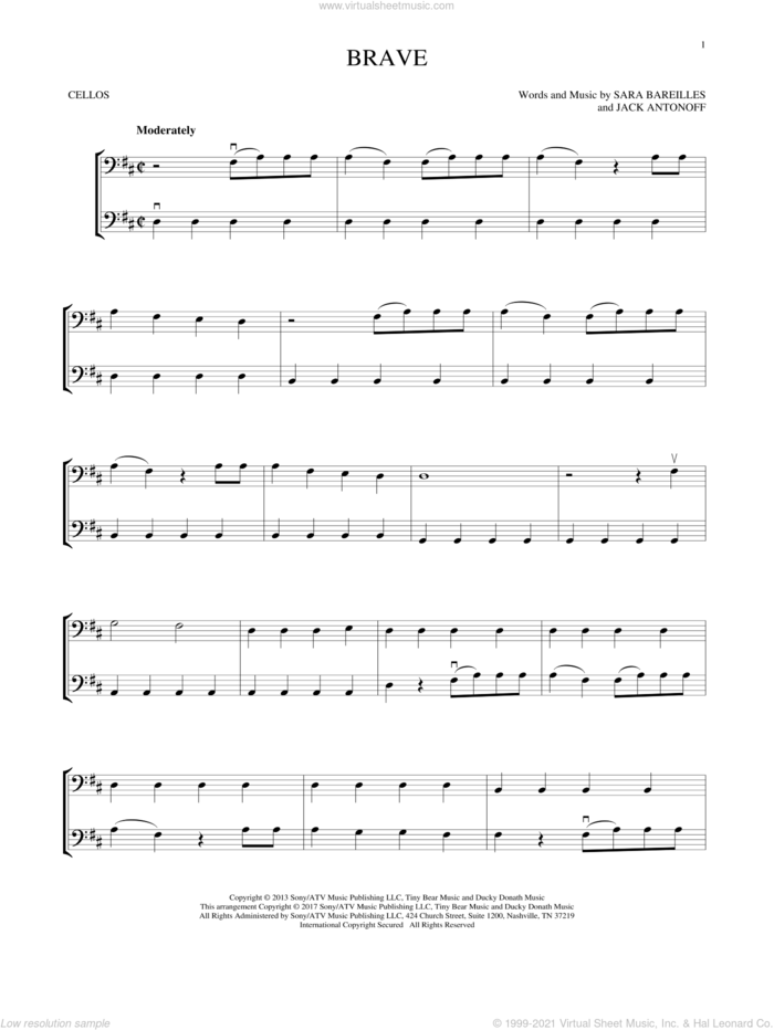 Brave sheet music for two cellos (duet, duets) by Sara Bareilles and Jack Antonoff, intermediate skill level