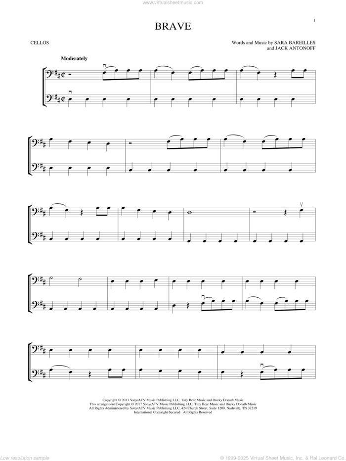 Brave sheet music for two cellos (duet, duets) by Sara Bareilles and Jack Antonoff, intermediate skill level