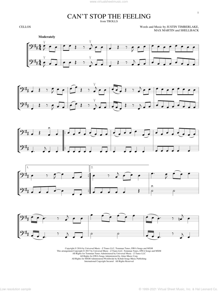 Can't Stop The Feeling sheet music for two cellos (duet, duets) by Justin Timberlake, Johan Schuster, Max Martin and Shellback, intermediate skill level