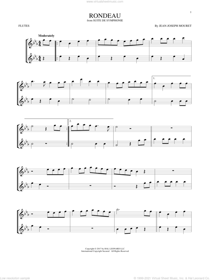 Fanfare Rondeau sheet music for two flutes (duets) by Jean-Joseph Mouret, classical score, intermediate skill level