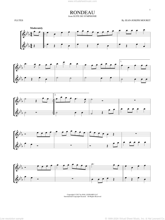 Fanfare Rondeau sheet music for two flutes (duets) by Jean-Joseph Mouret, classical score, intermediate skill level