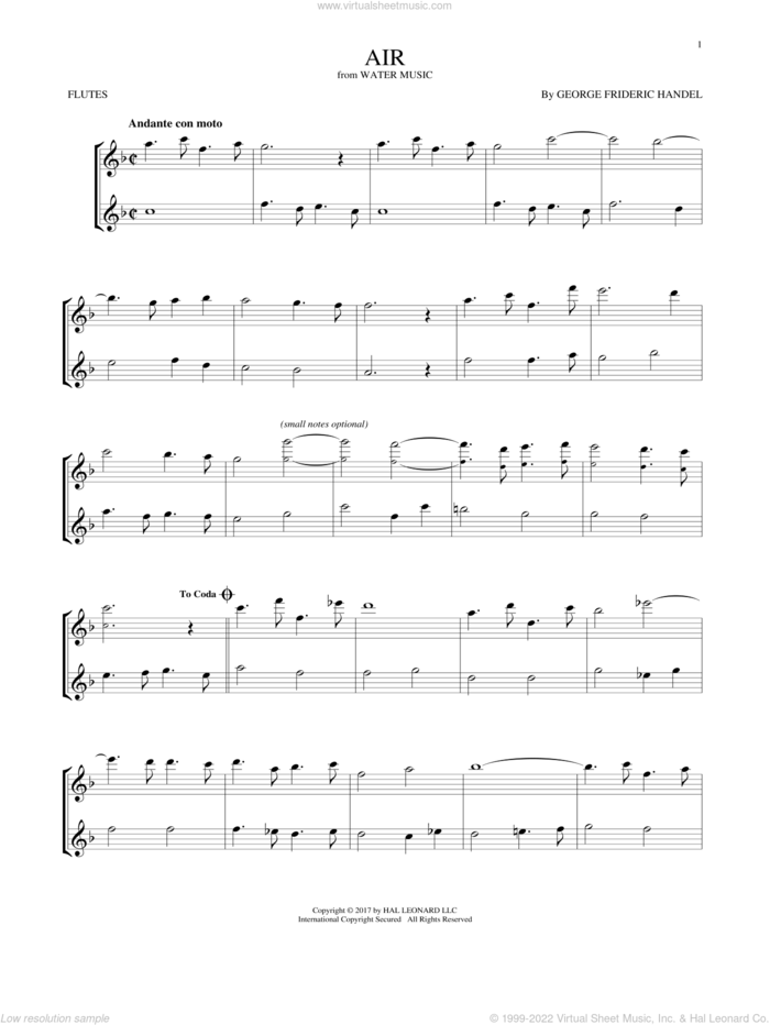 Air sheet music for two flutes (duets) by George Frideric Handel, classical wedding score, intermediate skill level
