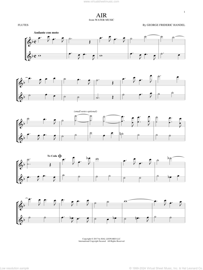 Air sheet music for two flutes (duets) by George Frideric Handel, classical wedding score, intermediate skill level