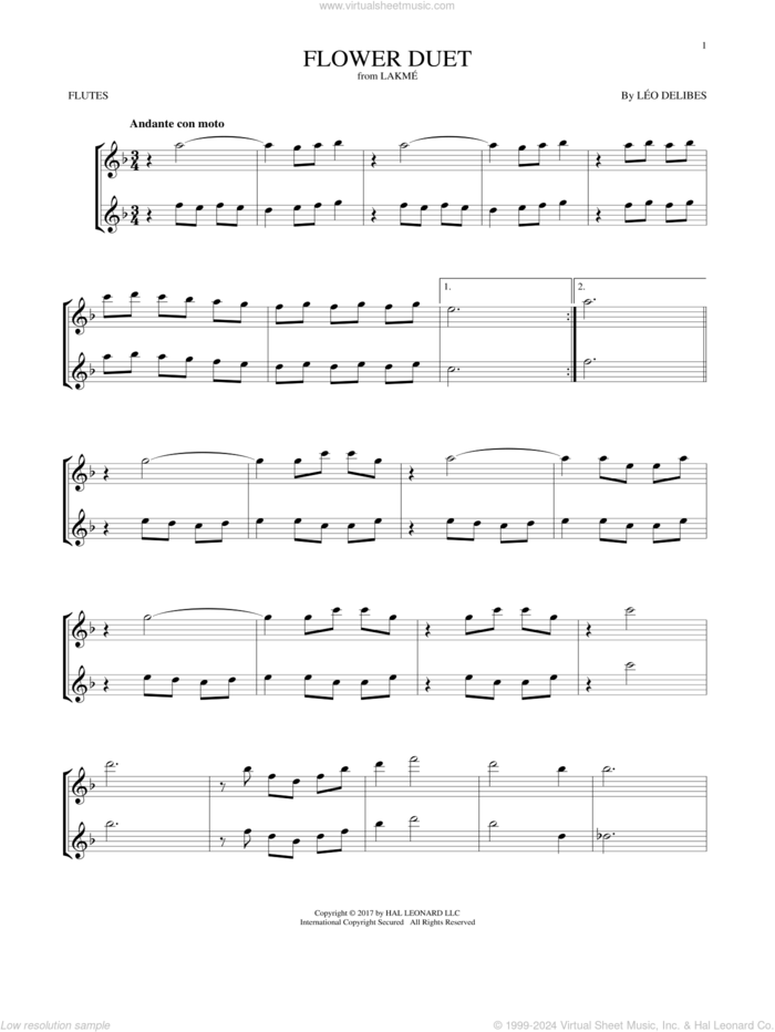 Flower Duet sheet music for two flutes (duets) by Leo Delibes and Leo Delibes, classical score, intermediate skill level