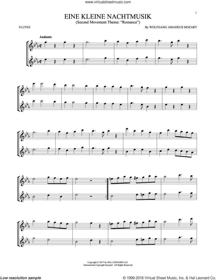 Eine Kleine Nachtmusik sheet music for two flutes (duets) by Wolfgang Amadeus Mozart, classical wedding score, intermediate skill level