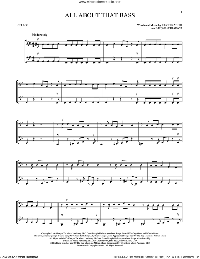 All About That Bass sheet music for two cellos (duet, duets) by Meghan Trainor and Kevin Kadish, intermediate skill level