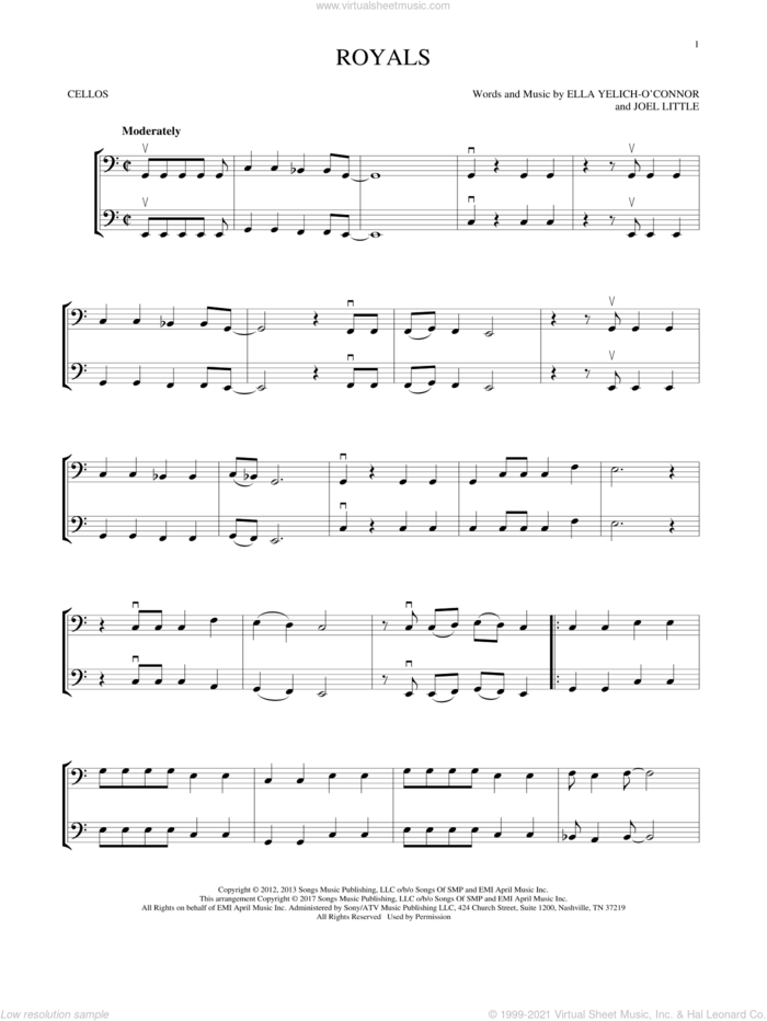 Royals sheet music for two cellos (duet, duets) by Lorde and Joel Little, intermediate skill level