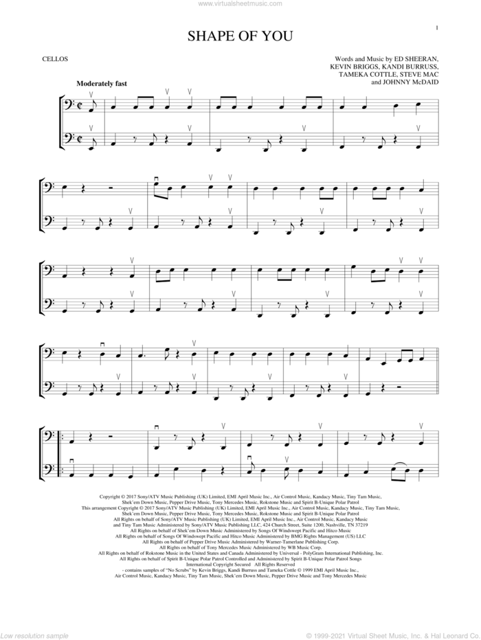 Shape Of You sheet music for two cellos (duet, duets) by Ed Sheeran, Johnny McDaid, Kandi Burruss, Kevin Briggs, Steve Mac and Tameka Cottle, intermediate skill level