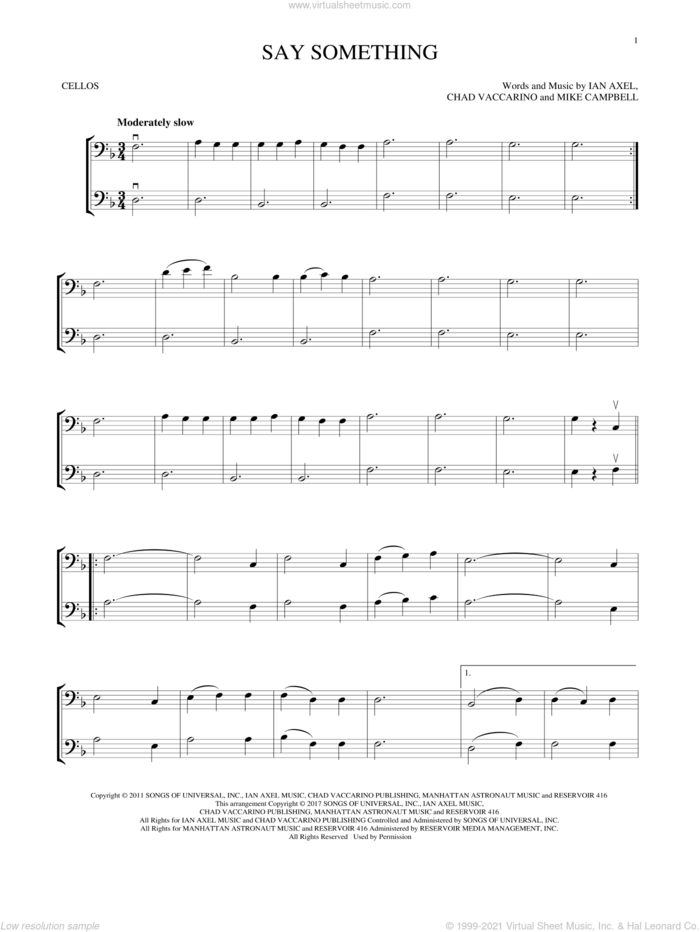Say Something sheet music for two cellos (duet, duets) by A Great Big World, Chad Vaccarino, Ian Axel and Mike Campbell, intermediate skill level