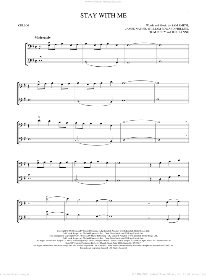 Stay With Me sheet music for two cellos (duet, duets) by Sam Smith, James Napier, Jeff Lynne, Tom Petty and William Edward Phillips, intermediate skill level