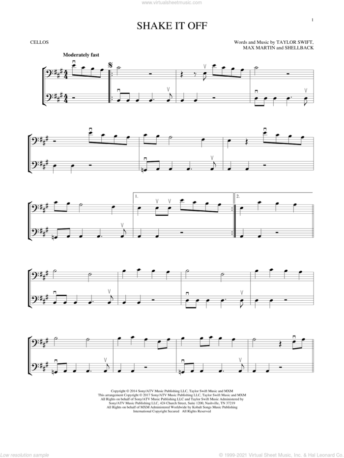 Shake It Off sheet music for two cellos (duet, duets) by Taylor Swift, Johan Schuster, Max Martin and Shellback, intermediate skill level