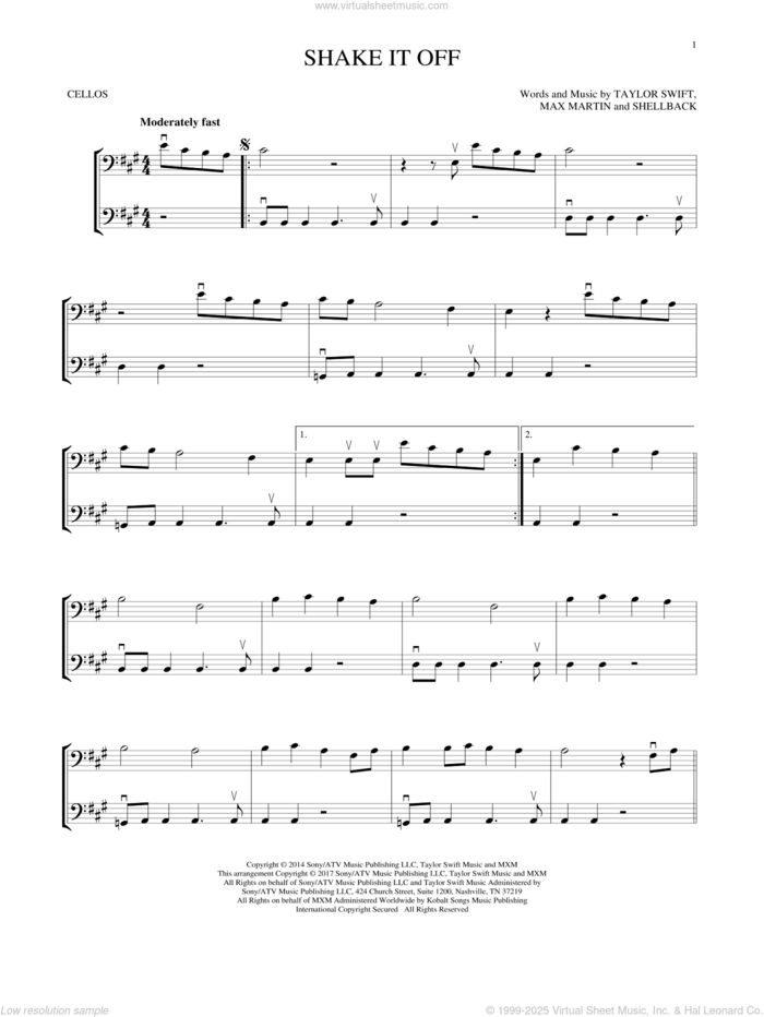 Shake It Off sheet music for two cellos (duet, duets) by Taylor Swift, Johan Schuster, Max Martin and Shellback, intermediate skill level