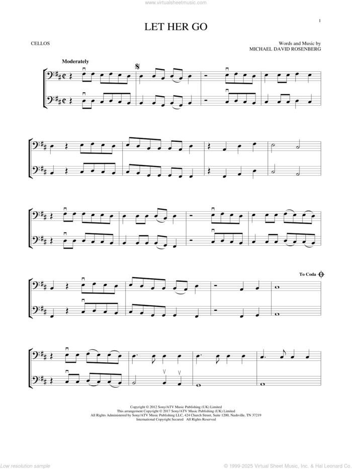 Let Her Go sheet music for two cellos (duet, duets) by Passenger and Michael David Rosenberg, intermediate skill level