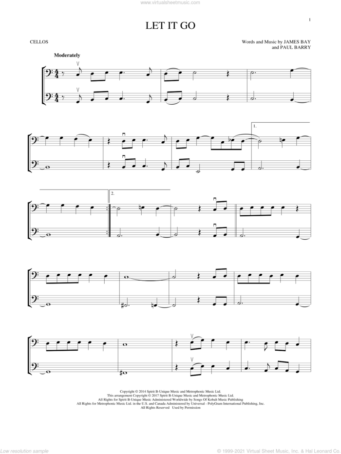 Let It Go sheet music for two cellos (duet, duets) by James Bay and Paul Barry, intermediate skill level