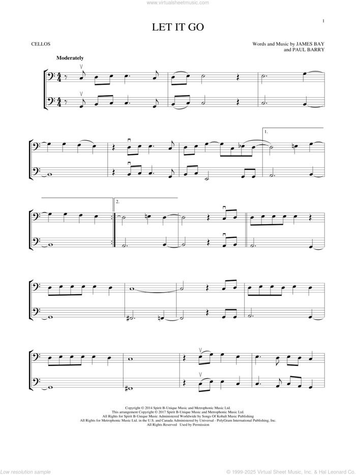 Let It Go sheet music for two cellos (duet, duets) by James Bay and Paul Barry, intermediate skill level